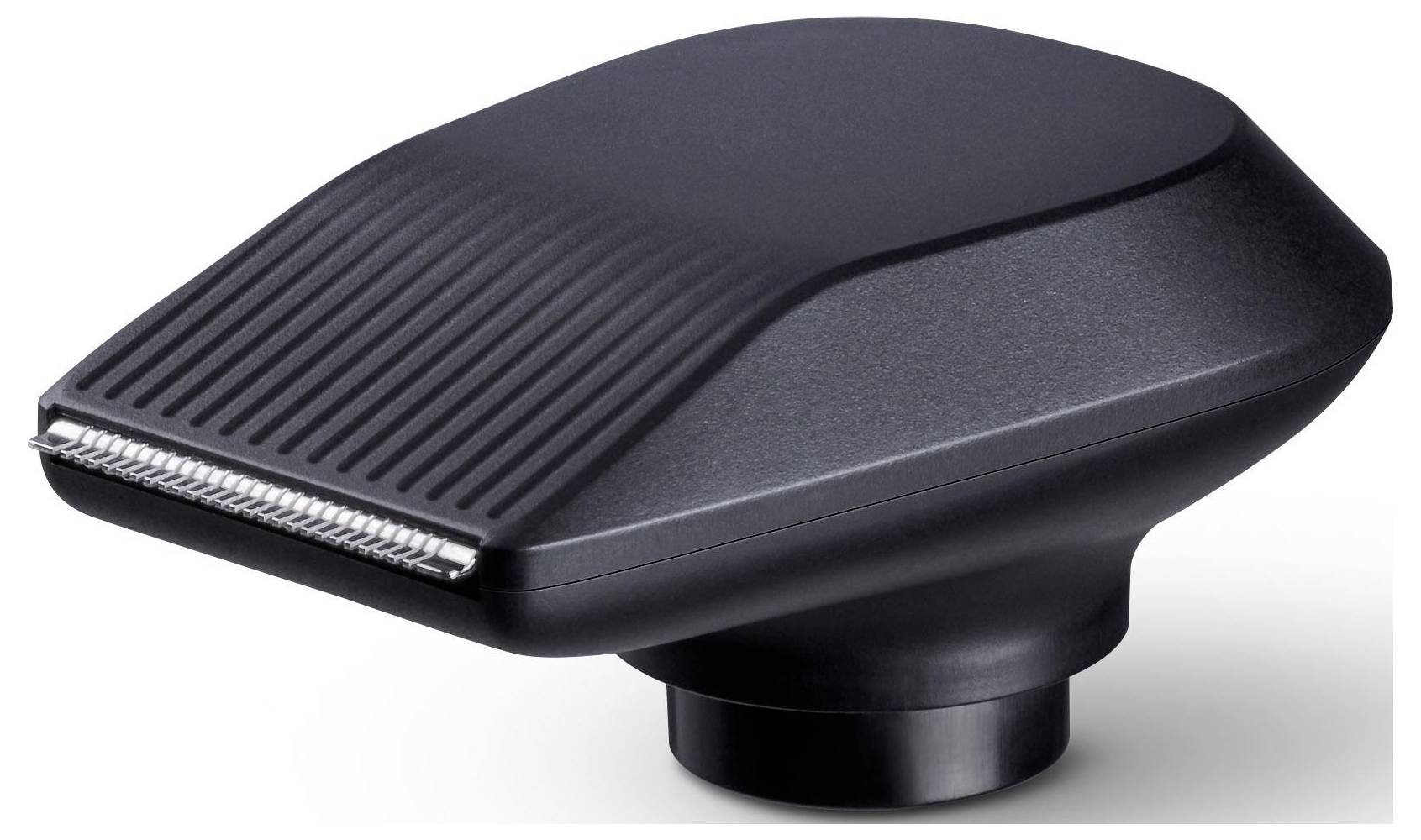 Elektrischer Haarschneider-Aufsatz mit breiter Klinge und ergonomischem Design, hauptsächlich in Schwarz gehalten.