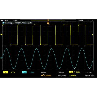 'Oszilloskop-Anzeige mit zwei Kurven: Oben rechteckiges Signal bei 5V, unten sinusförmiges Signal bei 5V. Frequenz 1 MHz.'