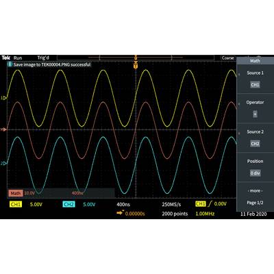 Zweikanaloszilloskop zeigt zwei Sinuskurven: Kanal 1 (gelb) und Kanal 2 (blau) bei 1 MHz, beide bei 5V Spitze. Zeitachse: 400ns pro div.