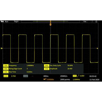 'Oszilloskop-Display zeigt ein Rechtecksignal: Frequenz 1,00 MHz, Amplitude 20,45 V, positive Tastung 50 %, Anstiegs- und Abfallzeit 8,263 ns.'