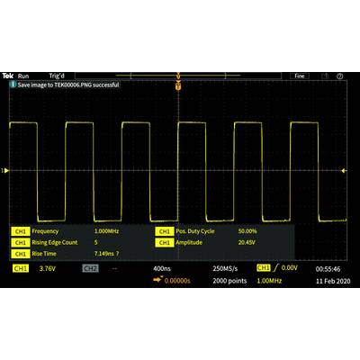 'Oszilloskop-Bildschirm zeigt ein Rechtecksignal mit 1,00 MHz Frequenz, 50 % Duty Cycle und 20,45V Amplitude. Zeitbasis: 400ns.'