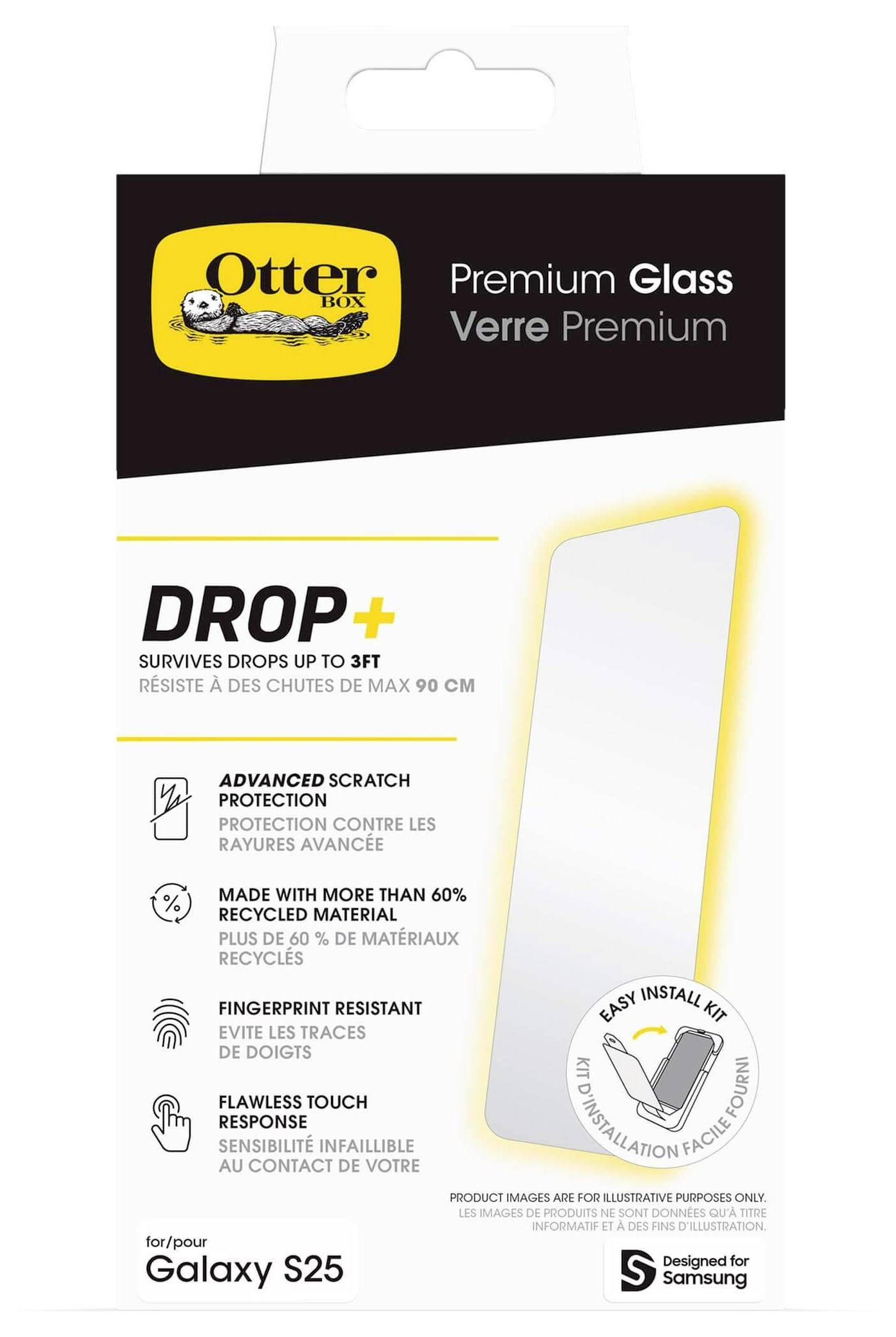 Eine OtterBox-Verpackung für ein Galaxy S25 Premium-Glas. Schützt vor Stürzen bis 90 cm, besteht zu 60% aus recyceltem Material.