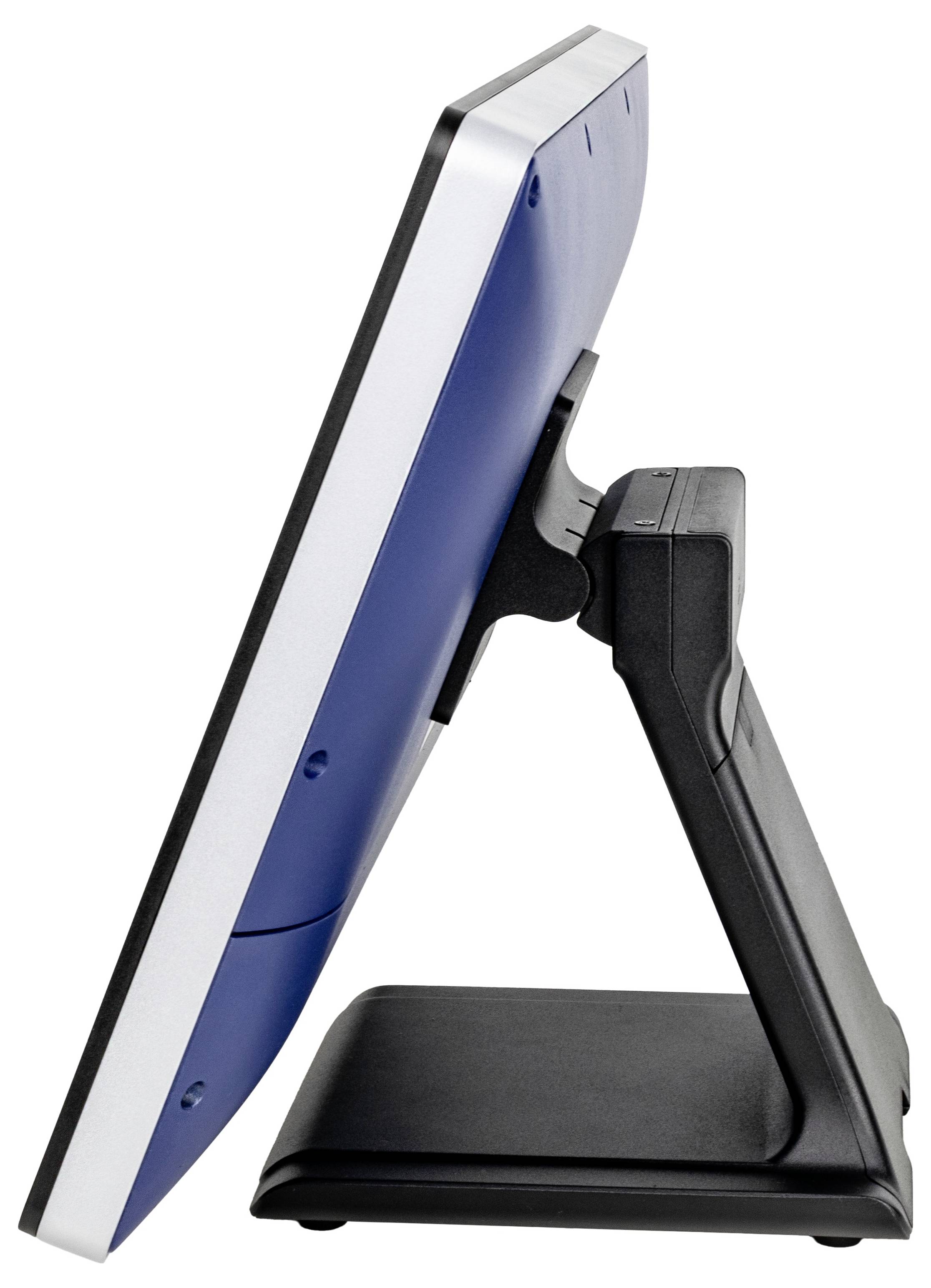 Seitenansicht eines Monitors auf einem schwarzen Ständer. Der Bildschirm ist dünn und blau mit einem schlichten, modernen Design.
