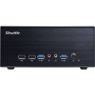 Ein schwarzer Mini-PC mit Shuttle-Logo, zeigt an der Vorderseite USB-Anschlüsse, Audioanschlüsse, Power-Knopf; schlichtes Design.