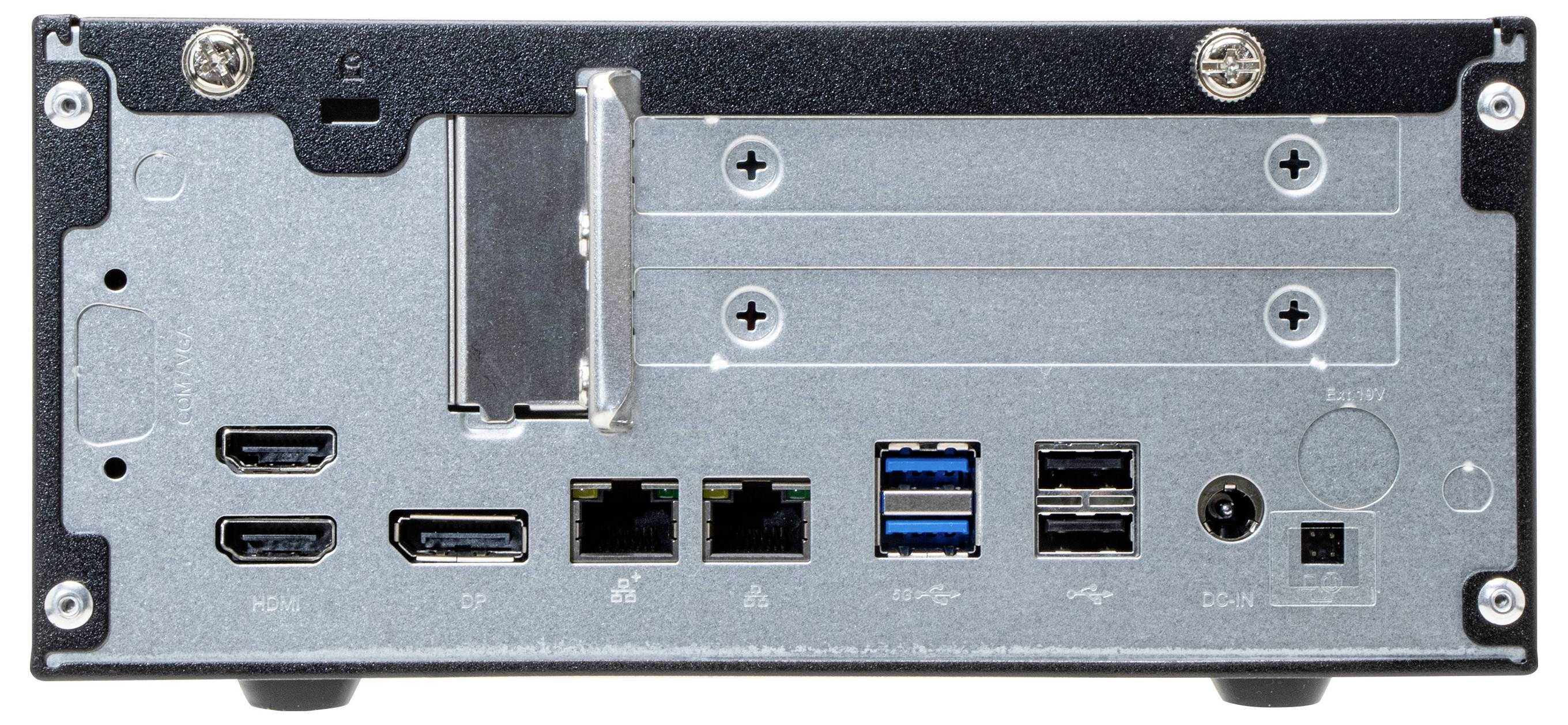 Ein silberfarbener Computer mit mehreren Anschlüssen auf der Rückseite, darunter HDMI, USB, Ethernet und Stromanschluss.