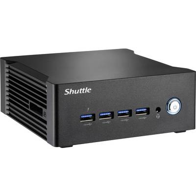 Schwarzer Mini-PC mit vier USB-Anschlüssen an der Vorderseite, laut Markenlogo von Shuttle, geeignet für kompakte Arbeitsplatzlösungen.