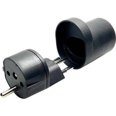 Ein schwarzer Schutzkontaktadapter mit offenen Steckerkontakten, speziell für die Verbindung und Anpassung elektrischer Geräte.