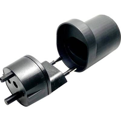 Ein schwarzer Adapterstecker mit Erdungsverbindung, geeignet für europäische Steckdosen, zeigt die Außenseite und die Kontakte.