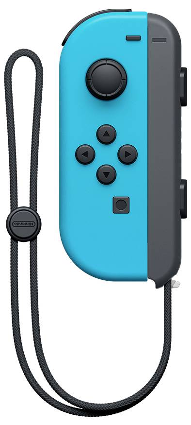 Ein blauer Controller mit Handgelenksschlaufe, vier Richtungstasten und Analogstick, ideal für Spielsteuerung in der Hand.