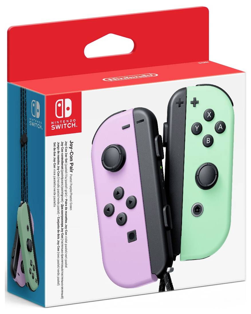 Nintendo Switch Joy-Con-Controller-Set in Lila und Grün, abgebildet auf der Verpackung.