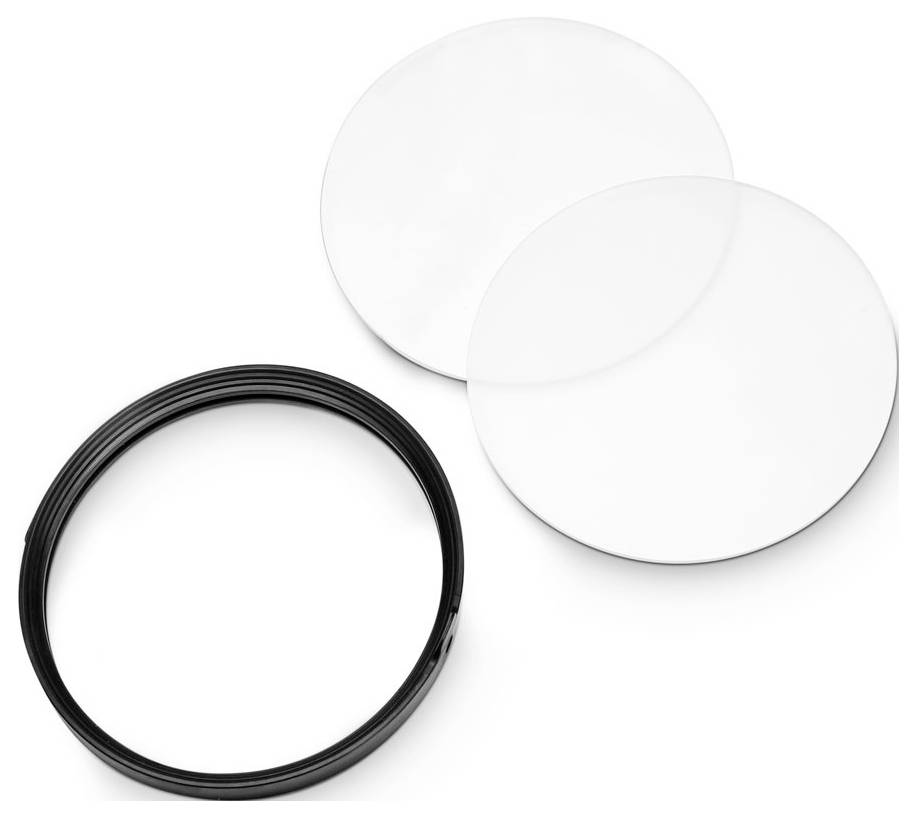 Zwei runde, transparente Scheiben und ein schwarzes, gewundenes Kabel auf weißem Hintergrund.