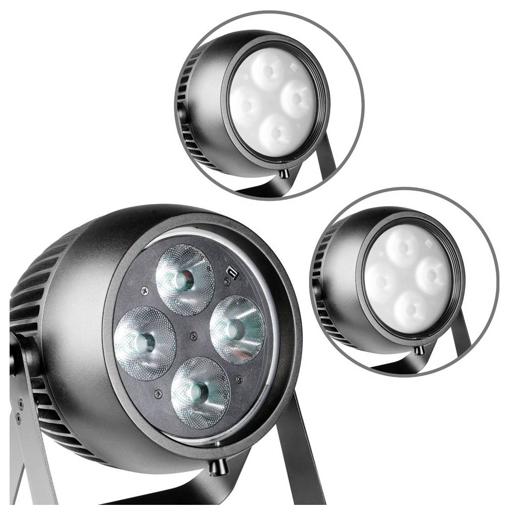 LED-Strahler, schwarz, mit vier runden Lichtquellen gezeigt aus verschiedenen Perspektiven. Ideal für Innen- und Außenbeleuchtung.