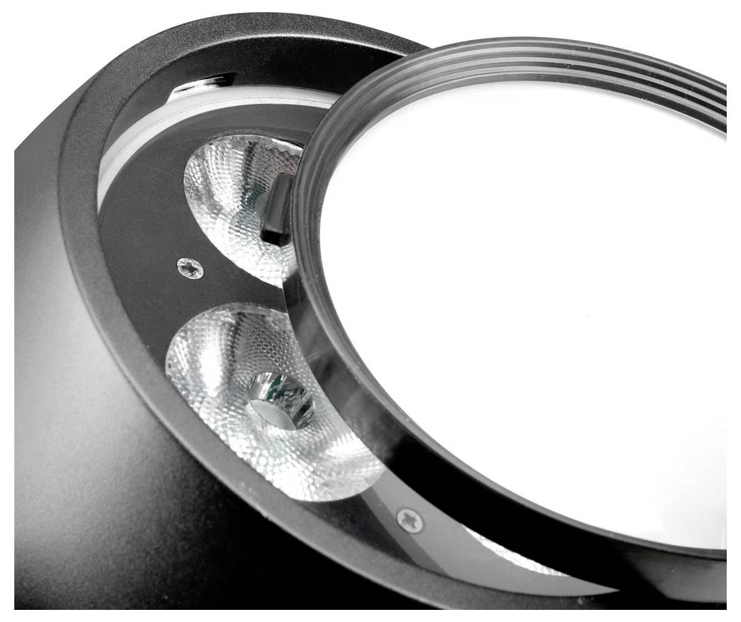 Ein schwarzer, runder Deckenstrahler mit zwei silbernen, reflektierenden LED-Lampen unter einer klaren Abdeckung.