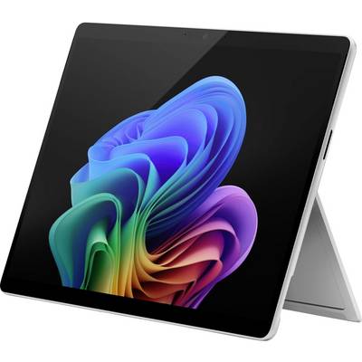 Ein Tablet auf einem Ständer zeigt einen farbenfrohen, abstrakten Bildschirmhintergrund mit geschwungenen Formen in Blau und Lila.