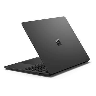 Laptop in dunkler Farbe, leicht geöffnet, rückseitige Ansicht, mit einem Logo in der Mitte.