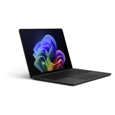Ein schwarzer Laptop mit geöffneter Bildschirmklappe zeigt ein farbenfrohes, abstraktes Bild auf dem Display.
