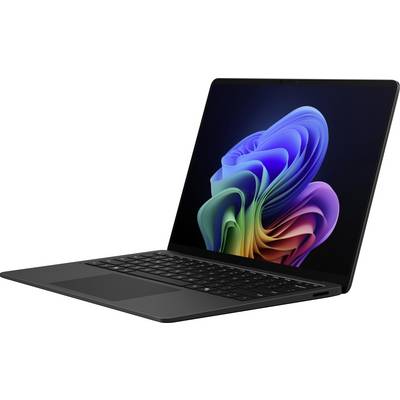 Ein Laptop mit geöffneter Bildschirm zeigt ein abstraktes, buntes Muster. Die Tastatur ist schwarz, und das Gerät steht auf einer Fläche.