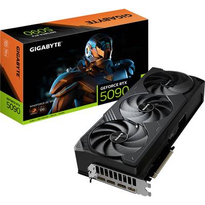 'GIGABYTE GeForce RTX 5090' Grafikkarte vor der Verpackung, die ein futuristisches Roboter-Design zeigt. Rechte Seite zeigt Kühlventilatoren.