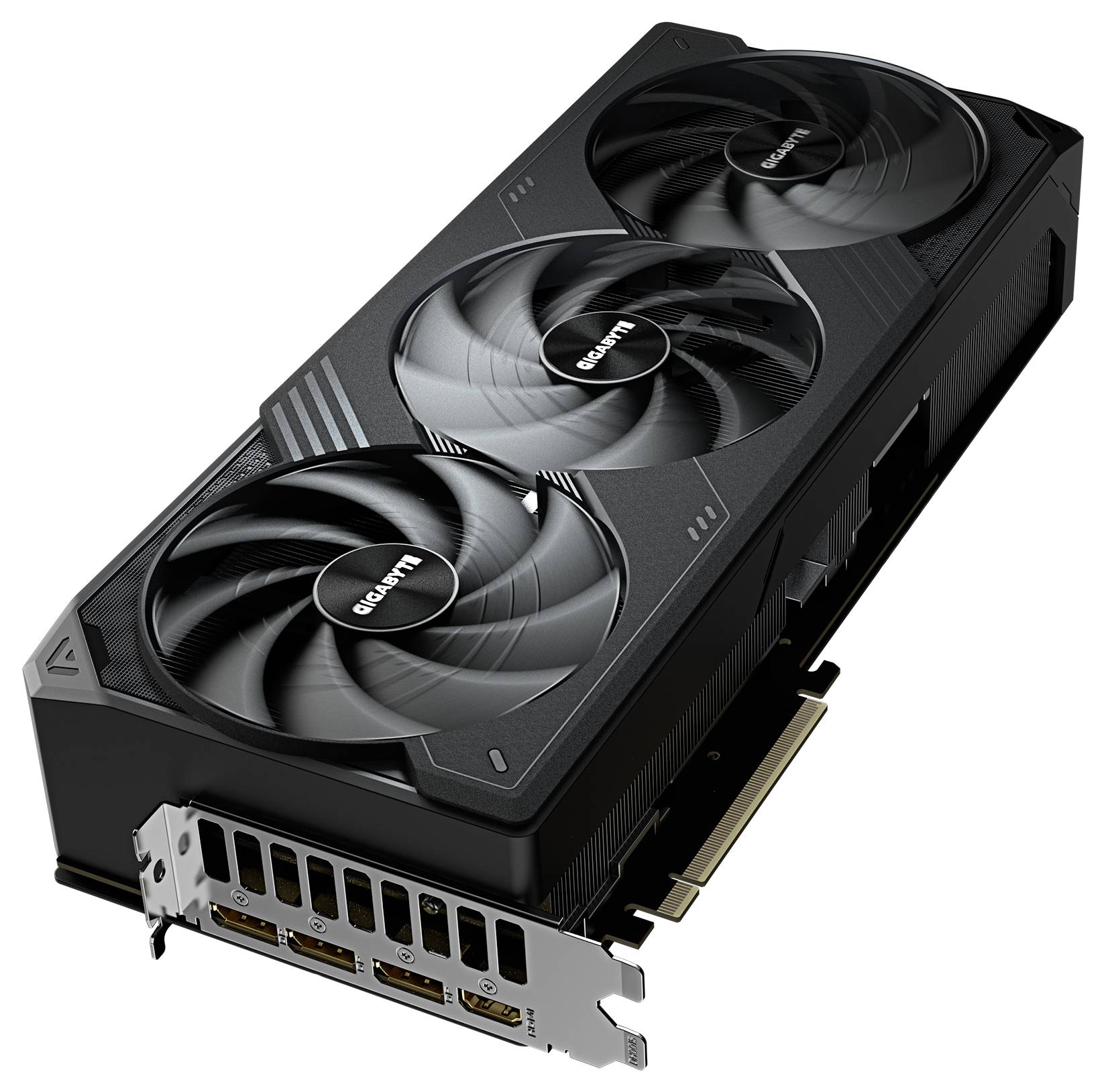 Eine schwarze Grafikkarte mit drei Lüftern und mehreren Anschlüssen für Monitore auf der Rückseite.