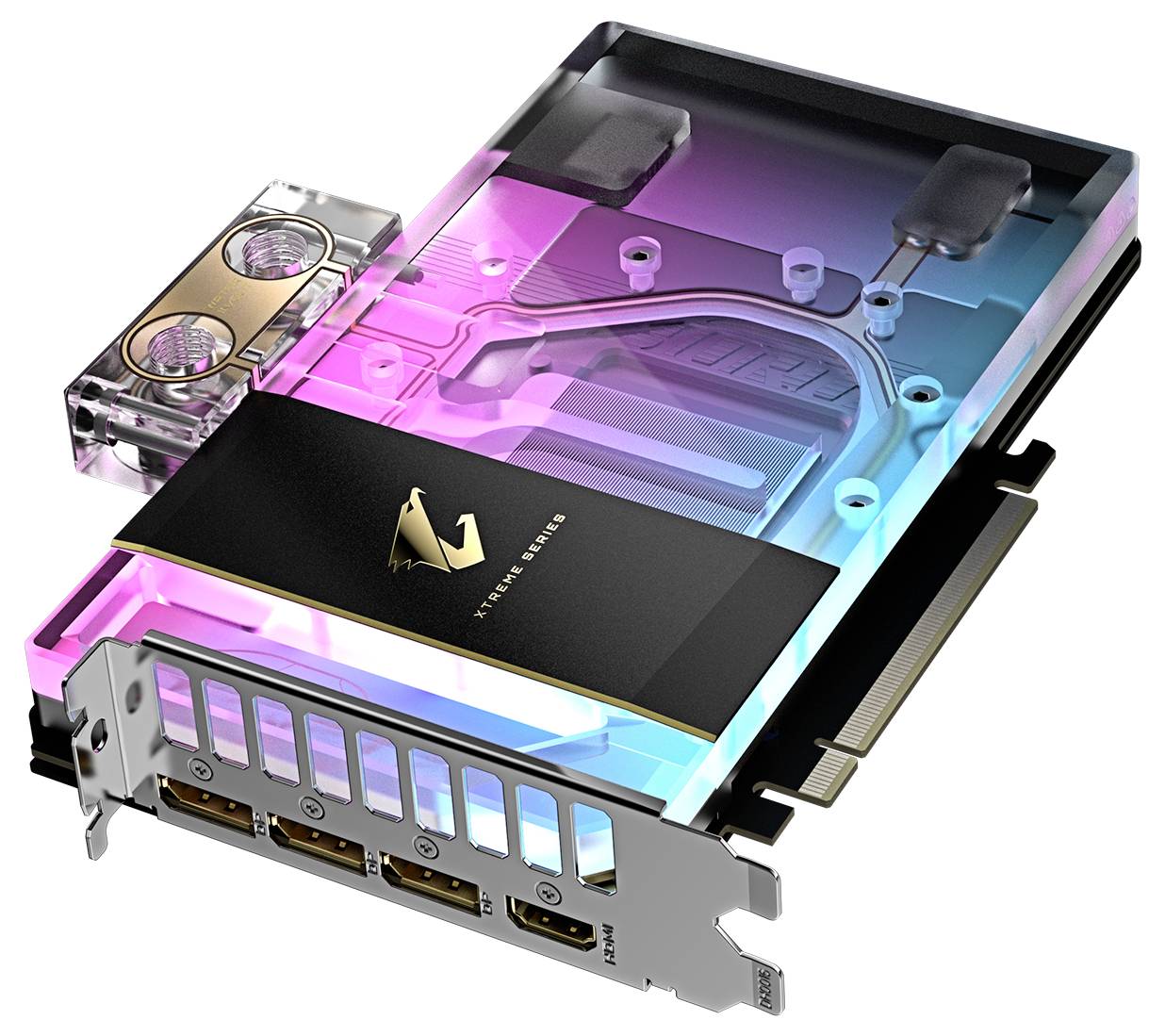 Gaming-Grafikkarte mit RGB-Beleuchtung, durchsichtigem Kühlblock, mehreren Anschlussmöglichkeiten und markantem Design.