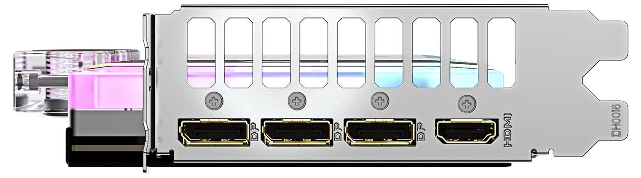 Grafikkarte mit acht Anschlüssen: vier HDMI, vier DisplayPorts. Sicht auf die Anschlussseite, silbernes Metallgehäuse.