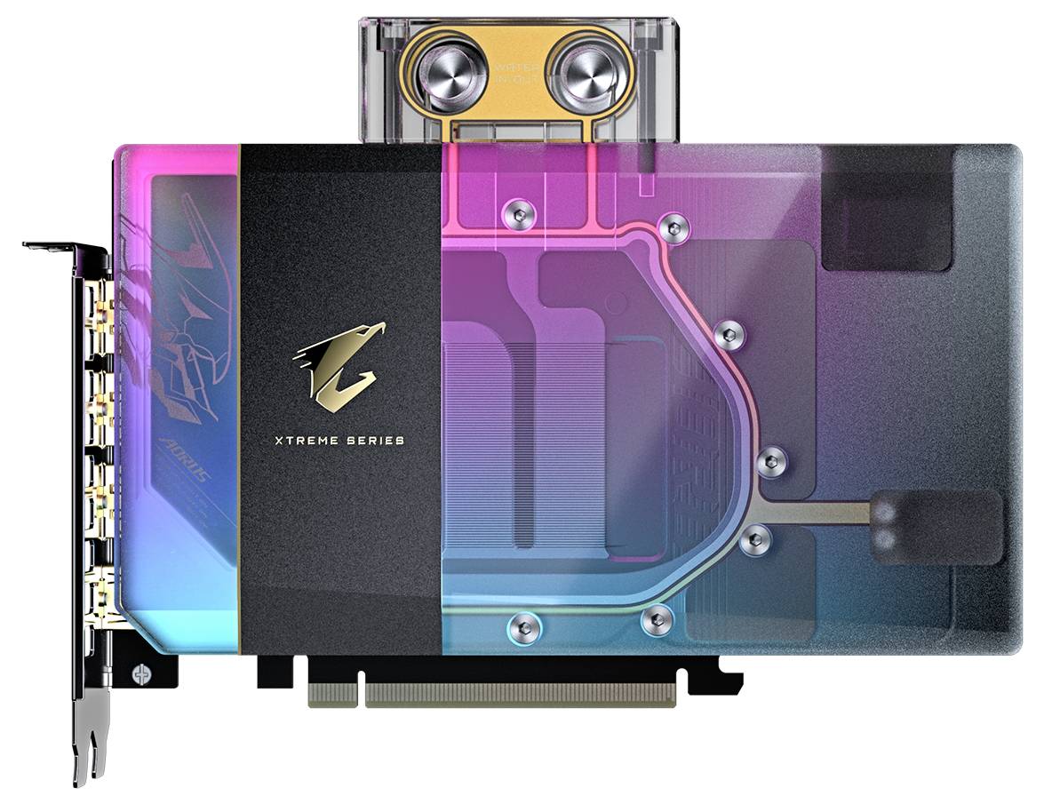 Grafikkarte mit buntem RGB-Beleuchtungseffekt, silbernen Kühlkomponenten und "Xtreme Series"-Logo in der Mitte.