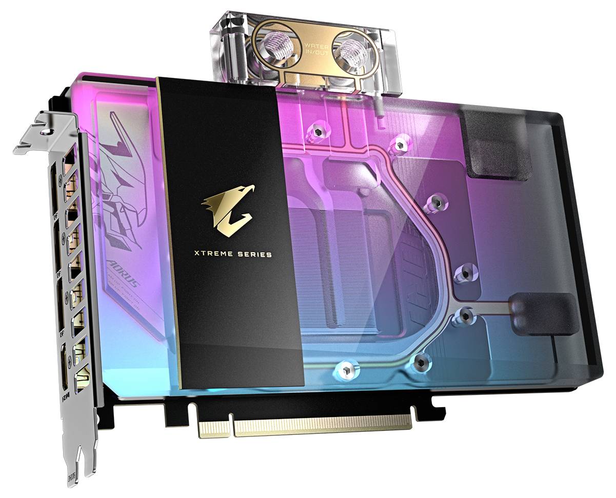 Eine Gaming-Grafikkarte mit einem durchsichtigen Wasserkühlsystem, Lichteffekten und mehreren Anschlüssen auf der linken Seite.