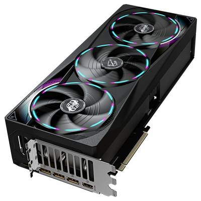 'Grafikkarte mit drei Lüftern und leuchtenden LED-Streifen, PCIe-Anschluss und mehreren Display-Ausgängen, geeignet für Gaming-PCs.'