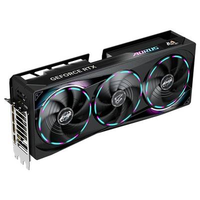 Eine schwarze Grafikkarte mit drei Lüftern. Aufschrift: 'GEFORCE RTX' und 'AORUS'. Sie zeigt RGB-Beleuchtung um die Lüfter.