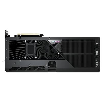 Eine schwarze Grafikkarte mit der Aufschrift 'GEFORCE RTX' an der Seite und einem zentralen Lüfter. Oben ein kleines Logo 'AORUS'.