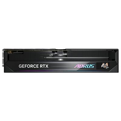 Grafikkarte in schwarz, seitliche Ansicht. 'GeForce RTX' und 'Aorus'-Logos sind sichtbar. Enthält farbige LED-Streifen.