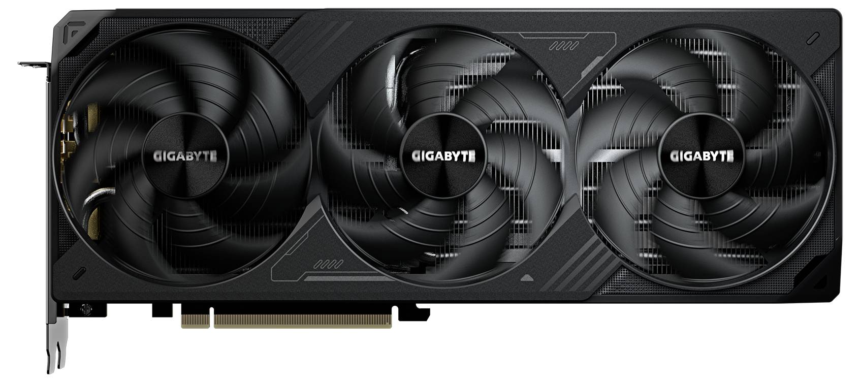 Eine schwarze Grafikkarte mit drei großen Lüftern. Der Markenname 'Gigabyte' ist auf jedem Lüfter sichtbar.