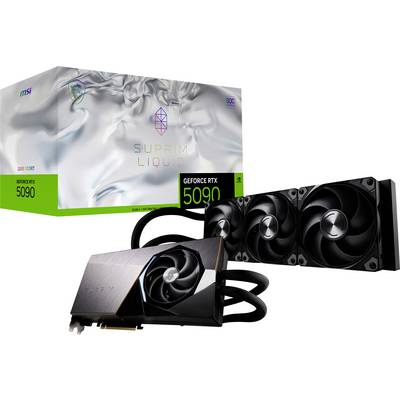 Eine Grafikkarte der Marke 'GeForce RTX 5090 Suprim Liquid' mit Kühlungssystem, vor der zugehörigen Verpackung platziert.