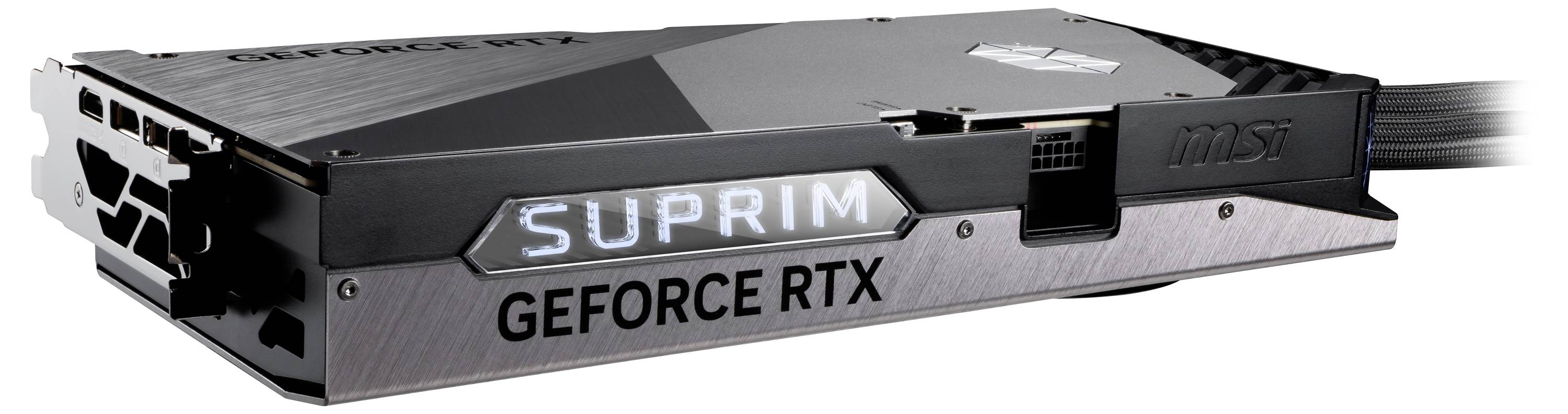 Eine Grafikkarte der Marke MSI mit der Aufschrift 'SUPRIM GEFORCE RTX'. Sie hat ein dunkles Design mit silbernen Akzenten.