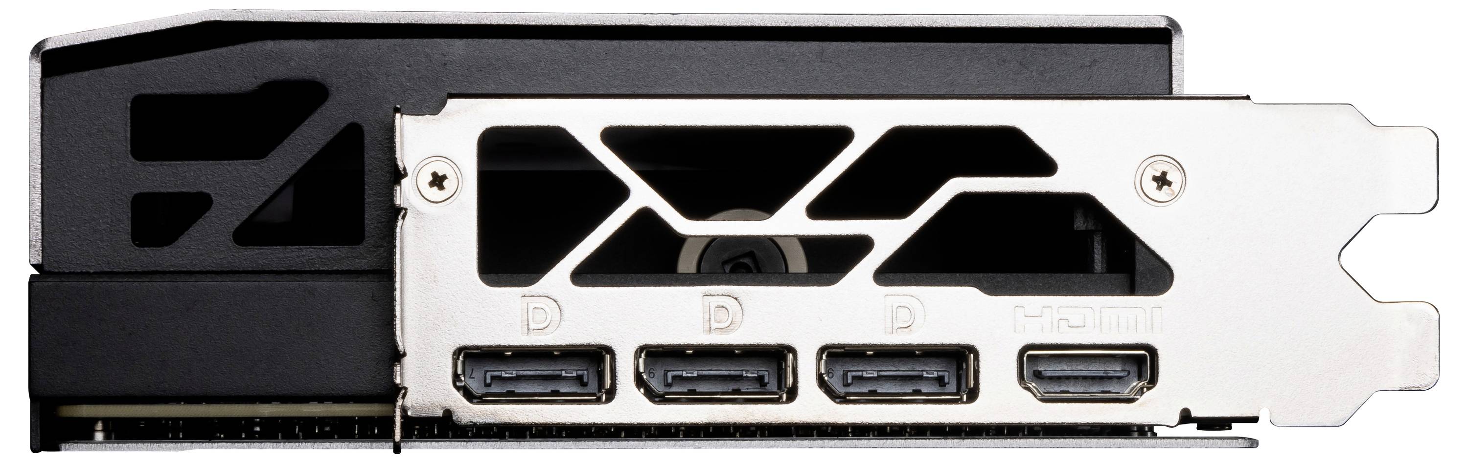 'Rückseite einer Grafikkarte mit vier Anschlüssen, darunter drei DisplayPorts und ein HDMI-Port.'