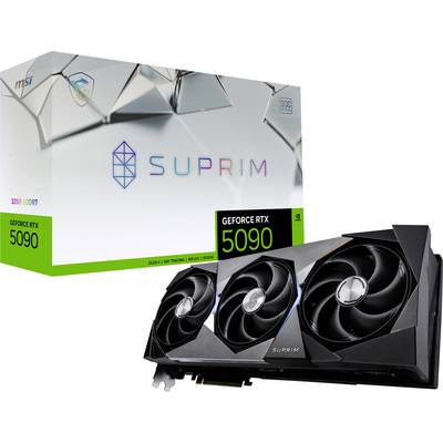 Grafikkarte MSI GeForce RTX 5090 Suprim vor Verpackung, drei große Lüfter sichtbar, geeignet für fortgeschrittene Grafik- und Gaming-Anwendungen.