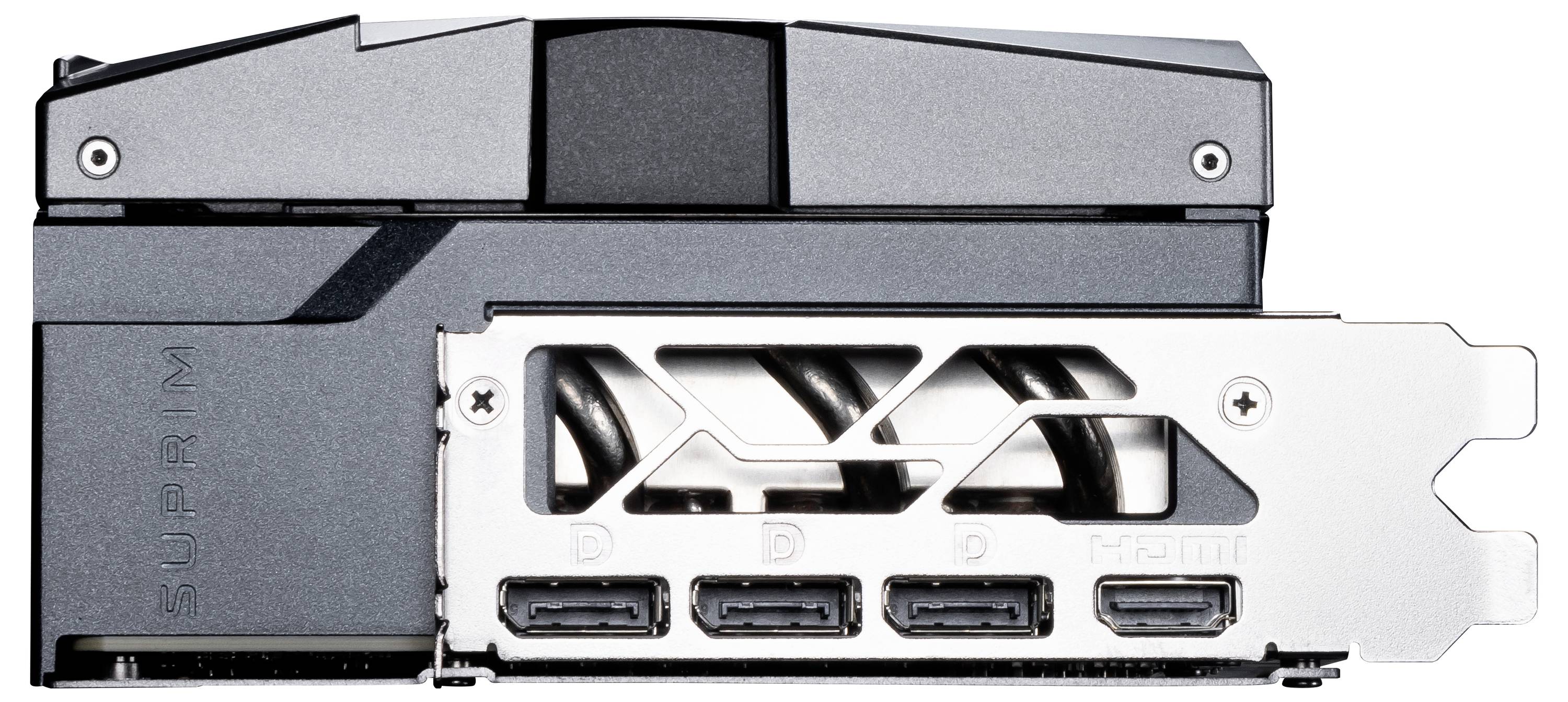 Eine Grafikkarte mit Kühler-Design und vier Anschlussmöglichkeiten: drei DisplayPorts und ein HDMI-Anschluss.