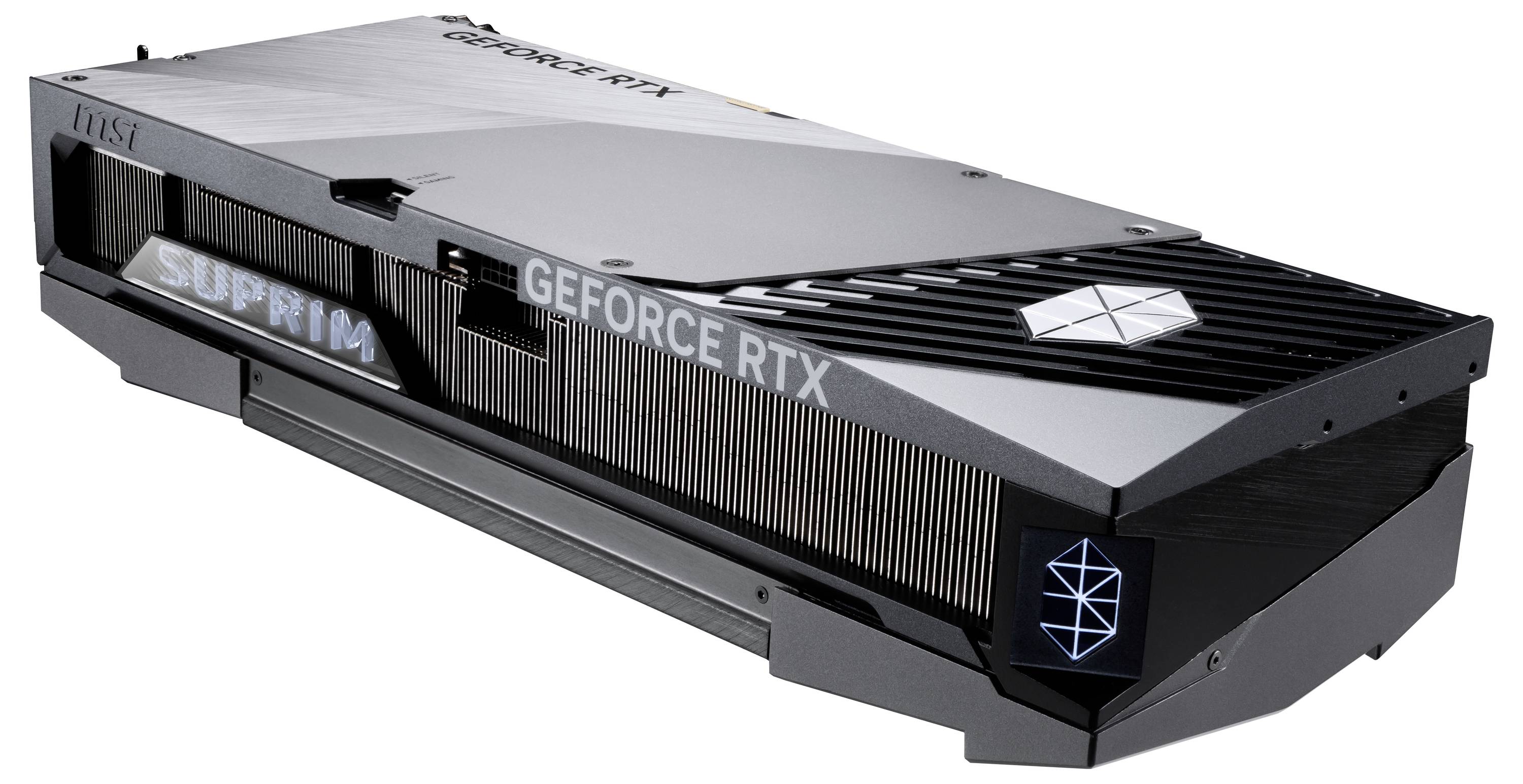 Grafikkarte in Schwarz mit grauen Akzenten. 'GEFORCE RTX' und 'SUPRIM' sind aufgedruckt. Rechteckige Form mit sichtbaren Kühlrippen.