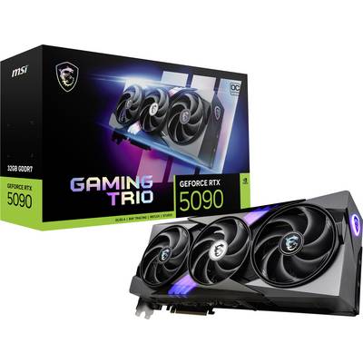 Eine MSI GeForce RTX 5090 Grafikkarte mit drei Lüftern vor ihrer Verpackung mit der Aufschrift 'Gaming Trio'.