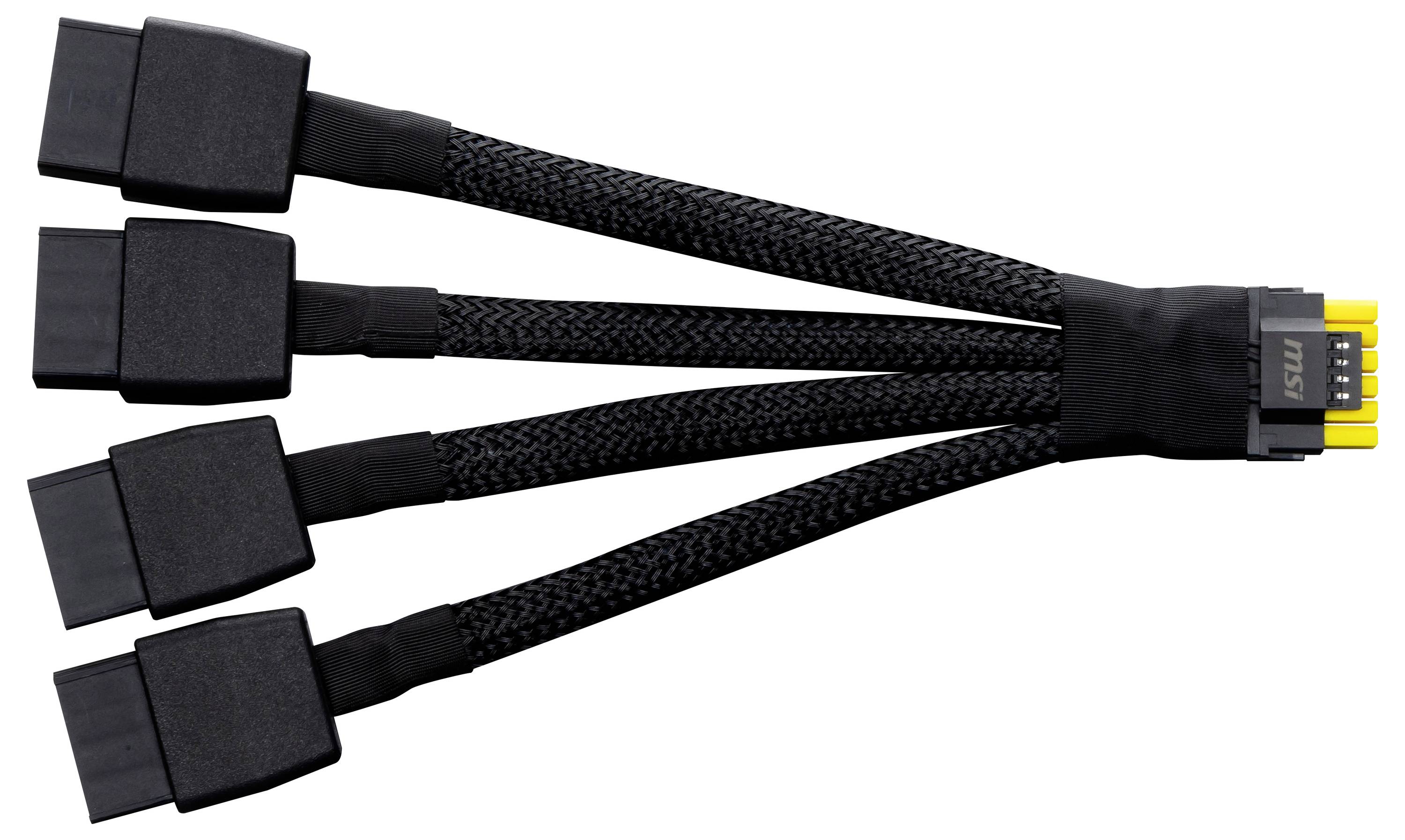 'Schwarzes Kabel mit vier Anschlüssen, verwendet zur Stromversorgung von Computerkomponenten, Hauptkabel mit vier Abzweigungen.'