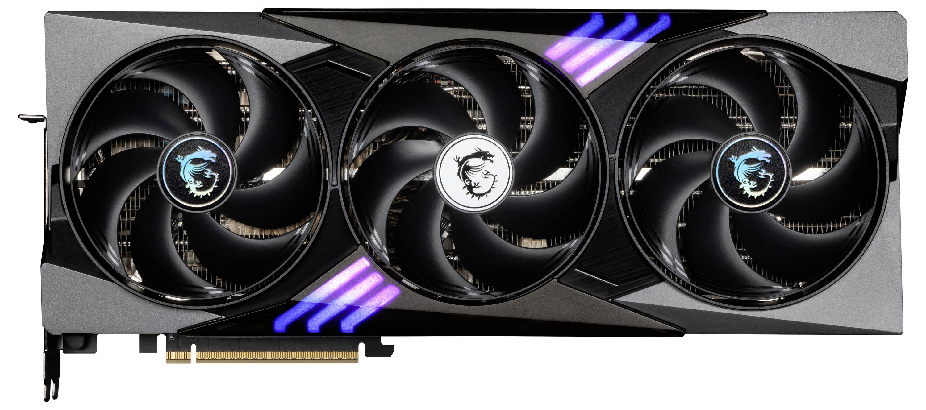 Dreifach-Lüfter-Grafikkarte mit RGB-Leuchten und einem mattschwarzen Gehäuse. Vervollkommnen für leistungsstarke Grafikverarbeitung.