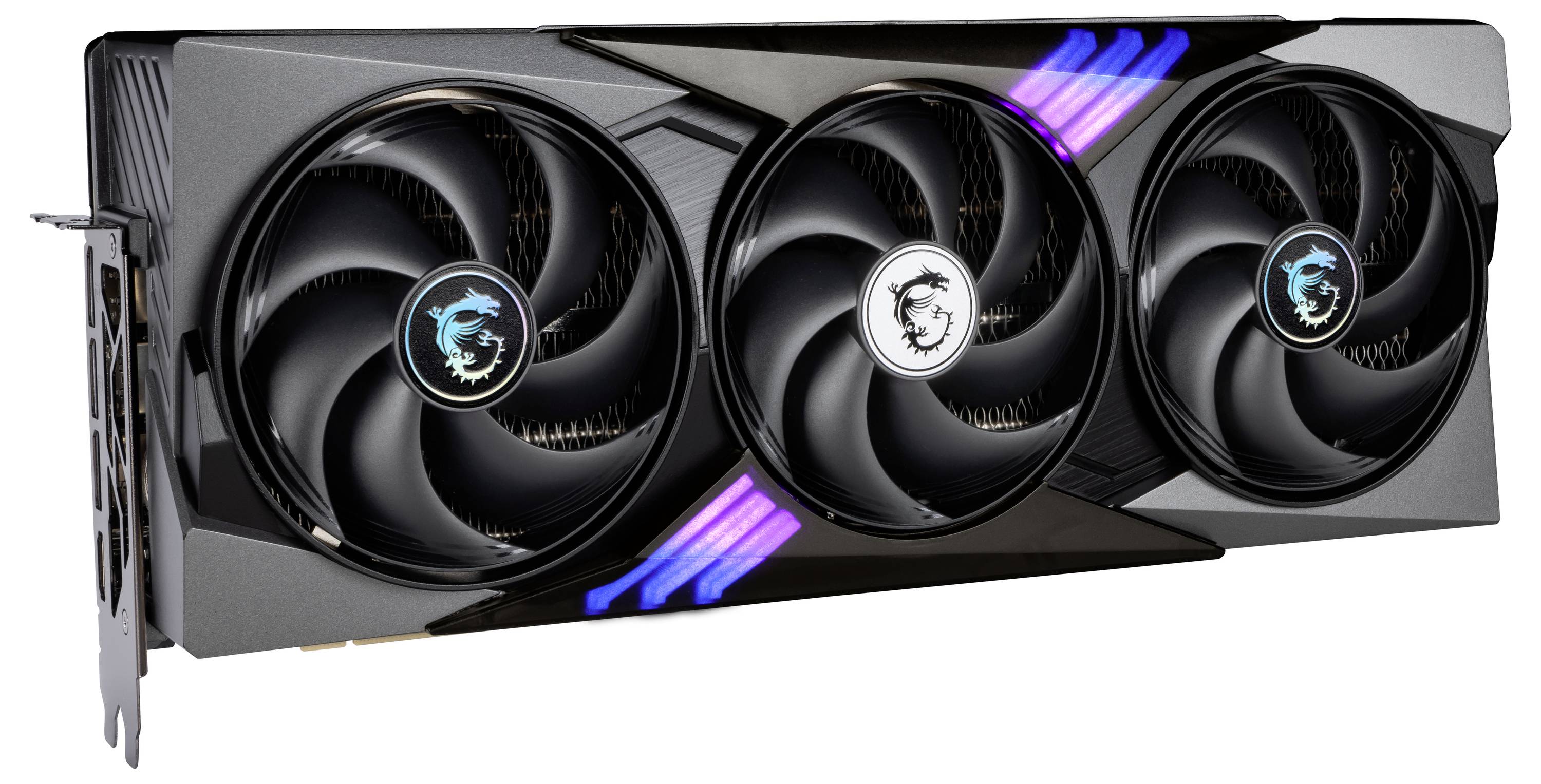 Grafikkarte mit drei Lüftern und leuchtenden Elementen. Sie hat ein schwarzes Gehäuse und ist für den Einsatz in Computern geeignet.