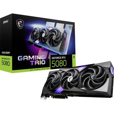 'MSI GeForce RTX 5080 Gaming Trio' Grafikkartenverpackung und Karte. Zeigt drei Lüfter, RGB-Beleuchtung und 16 GB GDDR7 Speicher.
