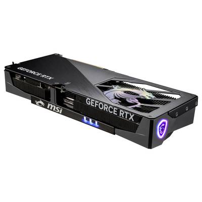 Eine schwarze Grafikkarte der Marke MSI mit 'GEFORCE RTX'-Aufdruck und einem beleuchteten Drachen-Logo auf der Oberseite.
