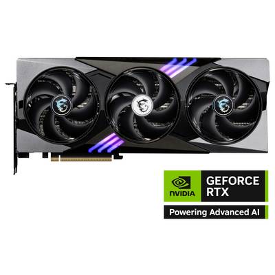 Grafikkarte mit drei Lüftern und RGB-Beleuchtung, zeigt das Nvidia GeForce RTX-Logo. Text: 'Powering Advanced AI'.