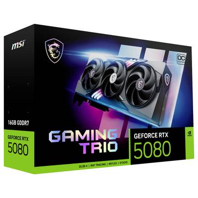 Schwarze Verpackung einer MSI GeForce RTX 5080 Gaming Trio Grafikkarte mit farbigem Text und Bild der Karte.