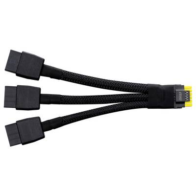 'Drei schwarze, flexible Kabel mit einem einzelnen Stecker am Ende; geeignet für den Anschluss an drei verschiedene Geräte.'