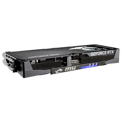 Grafikkarte MSI GeForce RTX mit schwarzem Gehäuse und blauem LED-Licht. Sichtbar sind Kühlrippen und ein Lüfter.