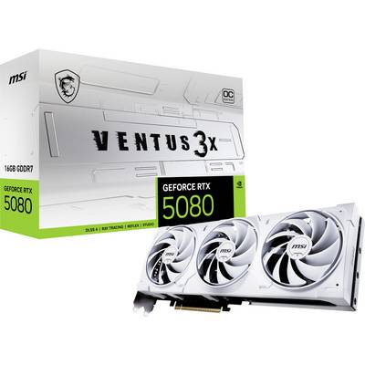 'MSI GeForce RTX 5080 Ventus 3X' Grafikkarte mit drei Lüftern und ihrer Verpackung. Verpackungstext: '16GB GDDR7, DLSS 4, Ray Tracing'.