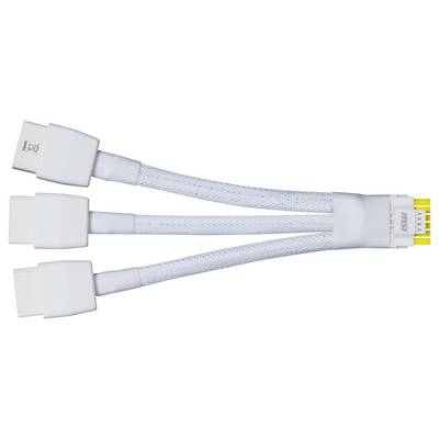 Drei weiße Kabel mit Steckern an einem Ende und einem gemeinsamen Stecker am anderen. Verbindet mehrere Geräte zu einem Hauptgerät.